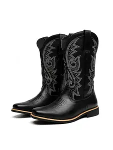 Men's Fashion Western Embroidered Denim Boots Low Heel Pointed Toe Slip-On Boots Youth All-Season Large Size Knight Boots