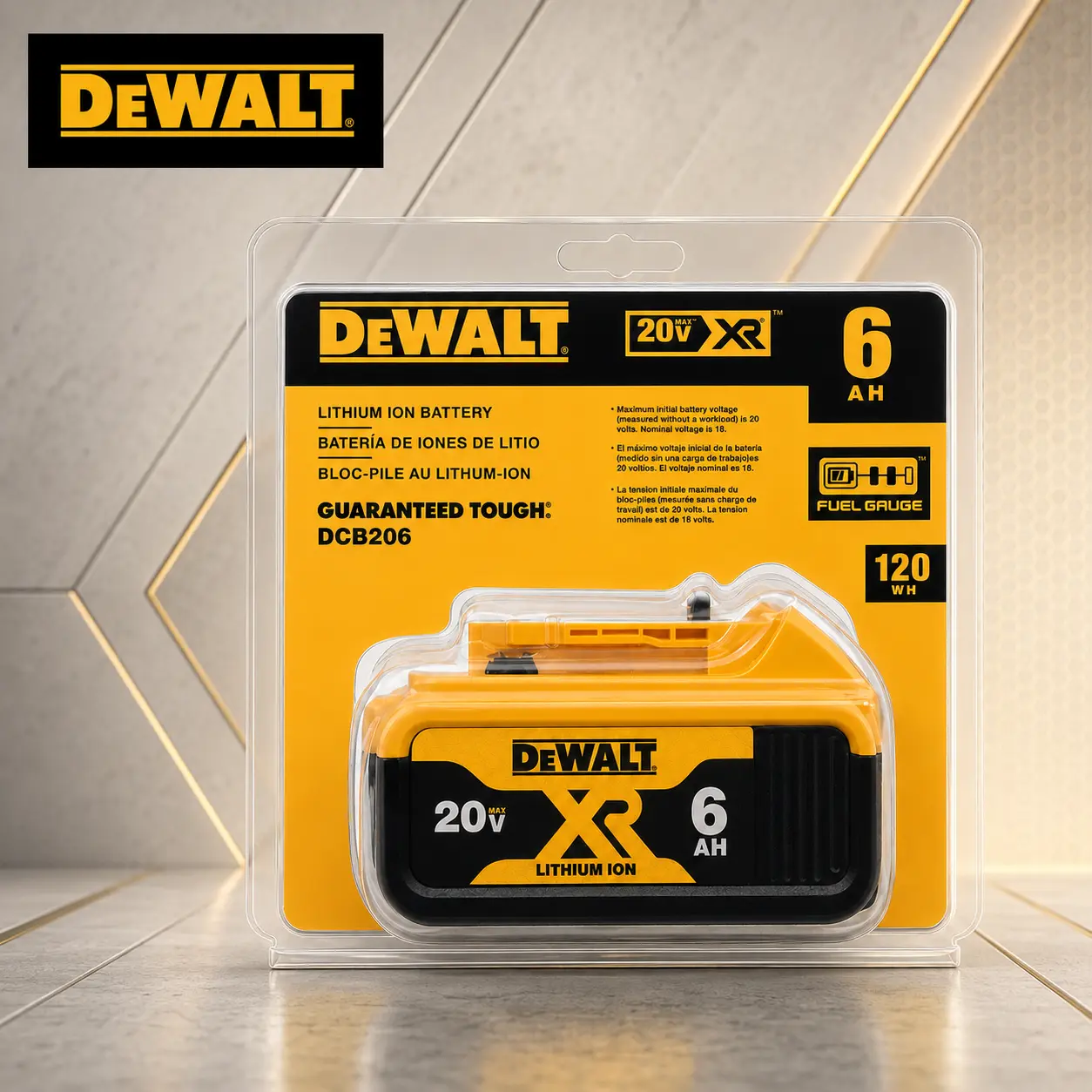 DeWalt DCB206 20V 6.0AH lithium-ion battery. Compatible with 20V power tools. Suitable for use with handheld drills, angle grinders, blowers, impact wrenches, and other DeWalt power tools. Durable, shock-resistant, and reliable.