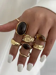 8 Piece Vintage Gemstone Open Ring Set, Stackable Rings, Luxurious Simple Irregular Rings, Fashion Jewelry for Women, All Seasons Wear