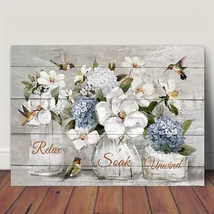 Wooden Framed Canvas Painting Farmhouse Flower Bathroom Decor Canvas Poster Rustic  White Floral Pictures Wall Art For Office Bathroom Living Room Decor Relax Soak Unwind Bathroom Sign Decoration With Framed  Home Ornaments Print Artistic Gifts Photo