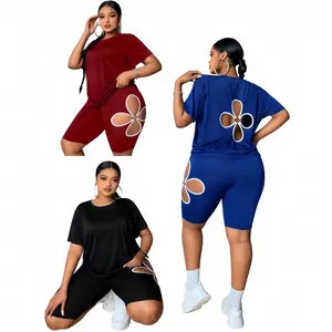 Oversized Floral Openwork Two-Piece Casual Set for Women with Curvaceous Figures Short-Sleeve Top & Leggings in Stretchy Jersey Knit for All-Day Comfort Comfy Suit