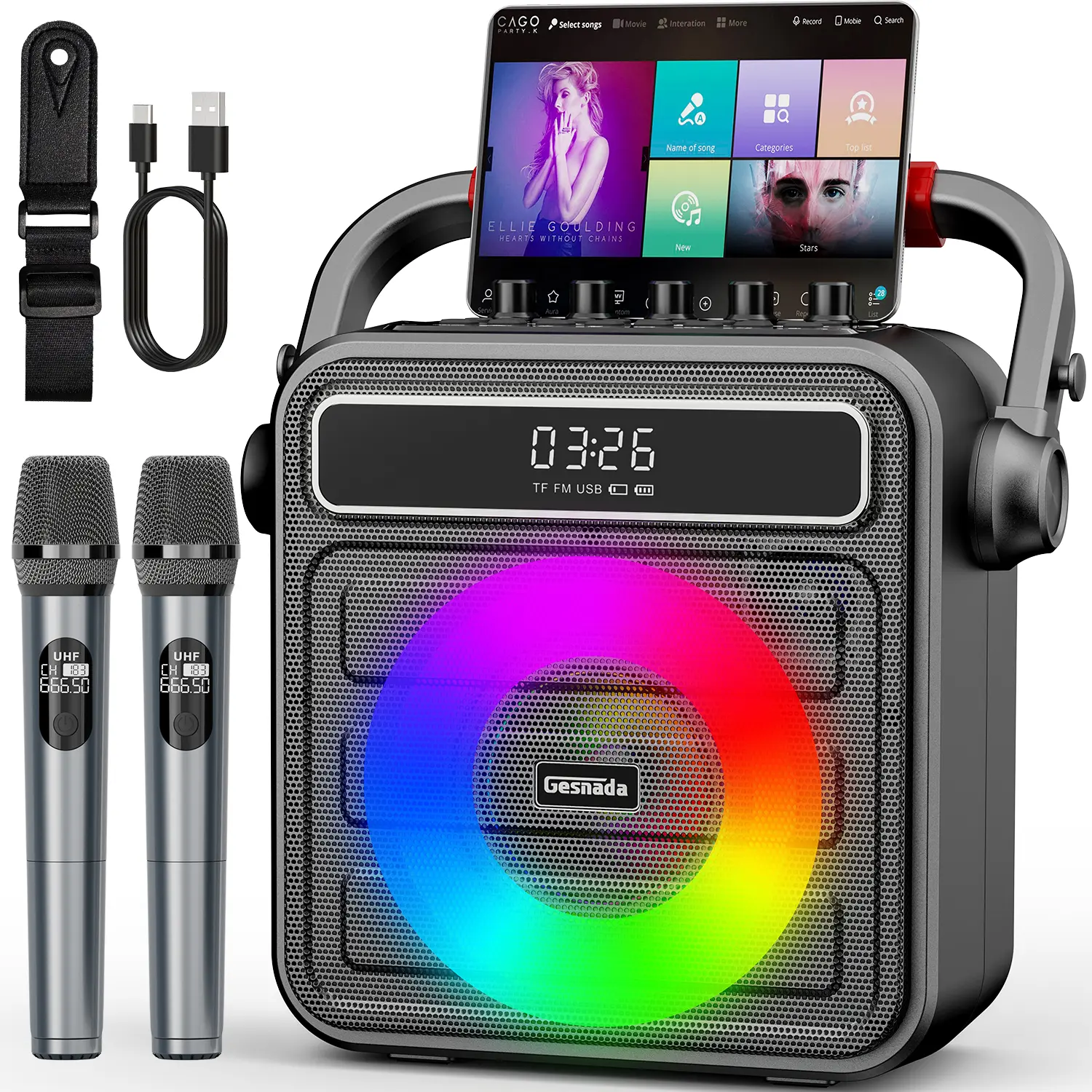 Portable Bluetooth Karaoke Party Speaker with 2 Handheld Rechargeable Wireless Mics, Bass-Treble Adjustment, RGB LED Melody Sync Lights, Aux Input, Smartphone & Audios Compatibility, Batteries, for Thanksgiving Gatherings & Gifts