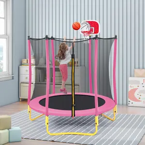 5.5FT Trampoline for Kids Gift for Children's Day - 65" Outdoor & Indoor Mini Toddler Trampoline with Enclosure, Basketball Hoop and Ball Included