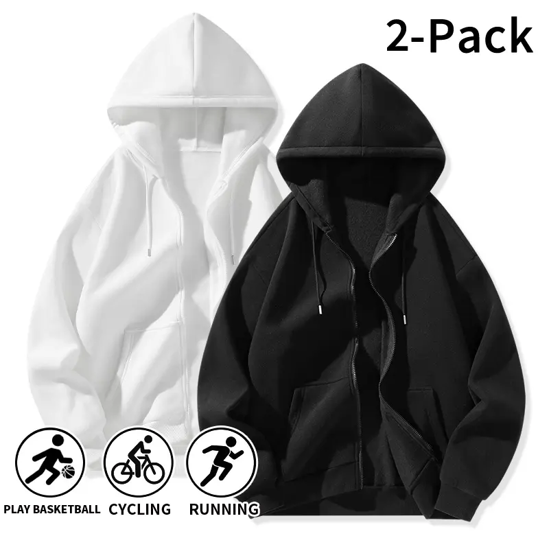 2-Pack Solid Color Zip-Up Hoodies, Loose-Fit Sports Jackets for Men & Women, Versatile Basic Long-Sleeve Tops for Basketball, Outdoor & Everyday Wear, Set of Two