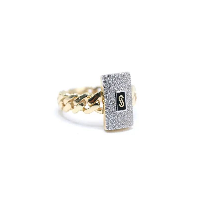 14KT Gold Monaco Chain Classic Ring Certified - Pave Style