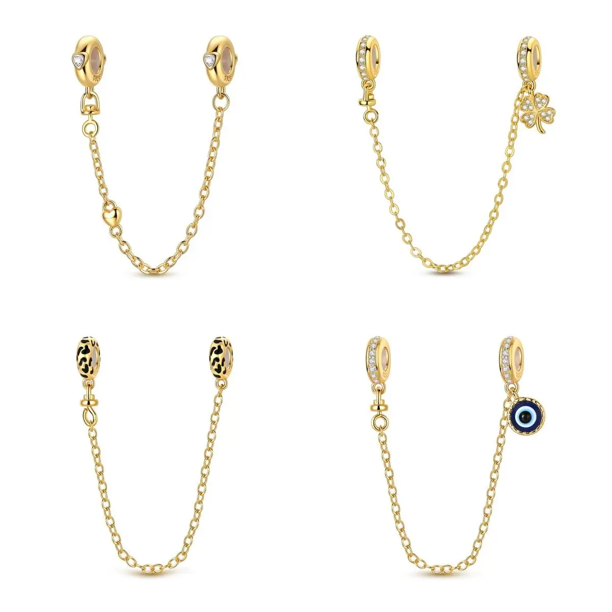 This MULA 14K gold-plated security bracelet features an evil eye/four-leaf clover/heart/leopard print pendant and is compatible with Pandora bracelets, making it the perfect gift for ladies and girls.