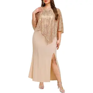 Plus Size Formal Dress - Wedding Guest Long Evening Cocktail Mermaid Dress with Sequin Overlay Cape
