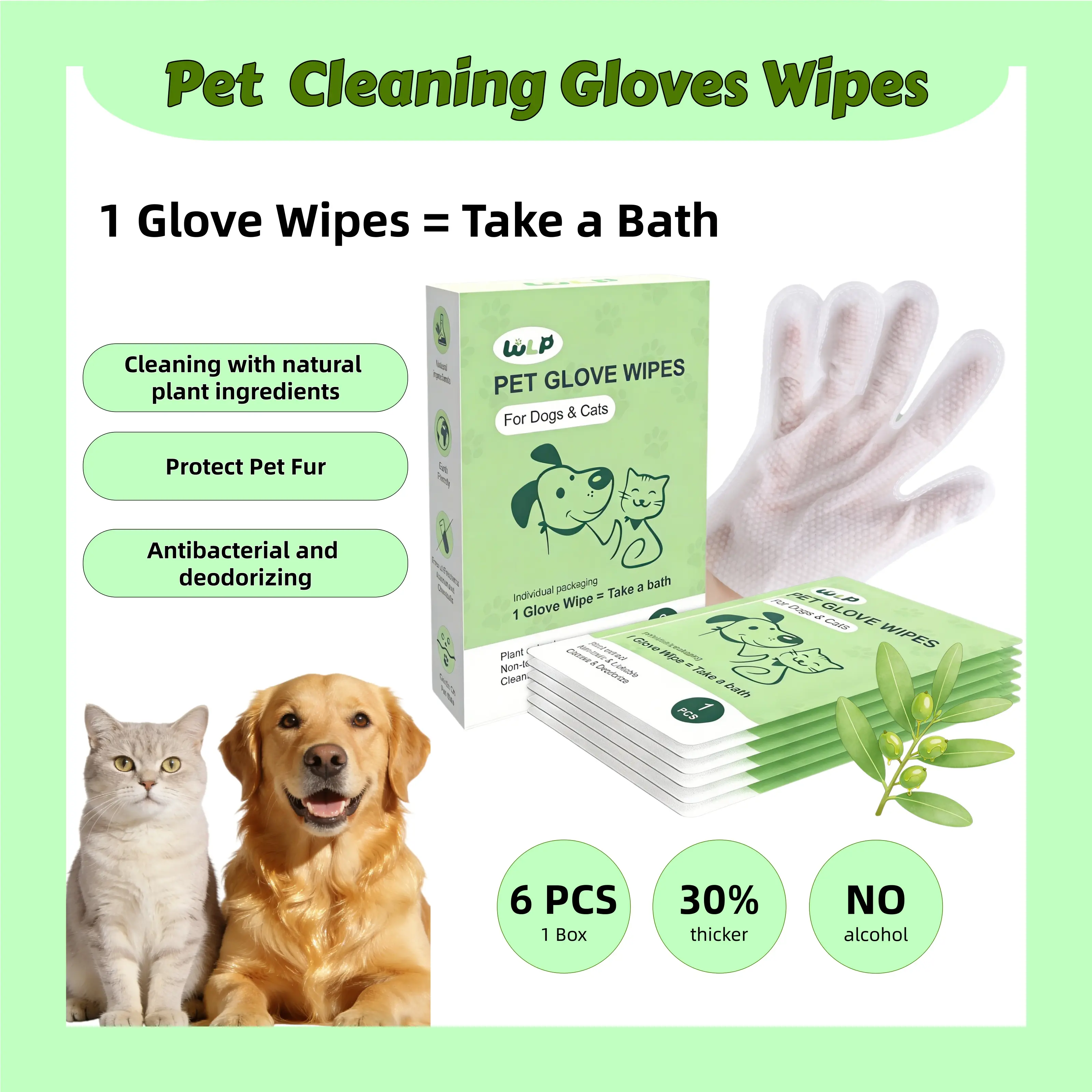 WLP Pet Glove Wipes for Dogs & Cats, 6 Pcs Multi-Purpose Rinse-Free Dry Bath Grooming Solution, Hypoallergenic Puppy Wipes for Cleaning, Deodorizing, Moisturizing, Puppy Wipes Cleaning Deodorizing