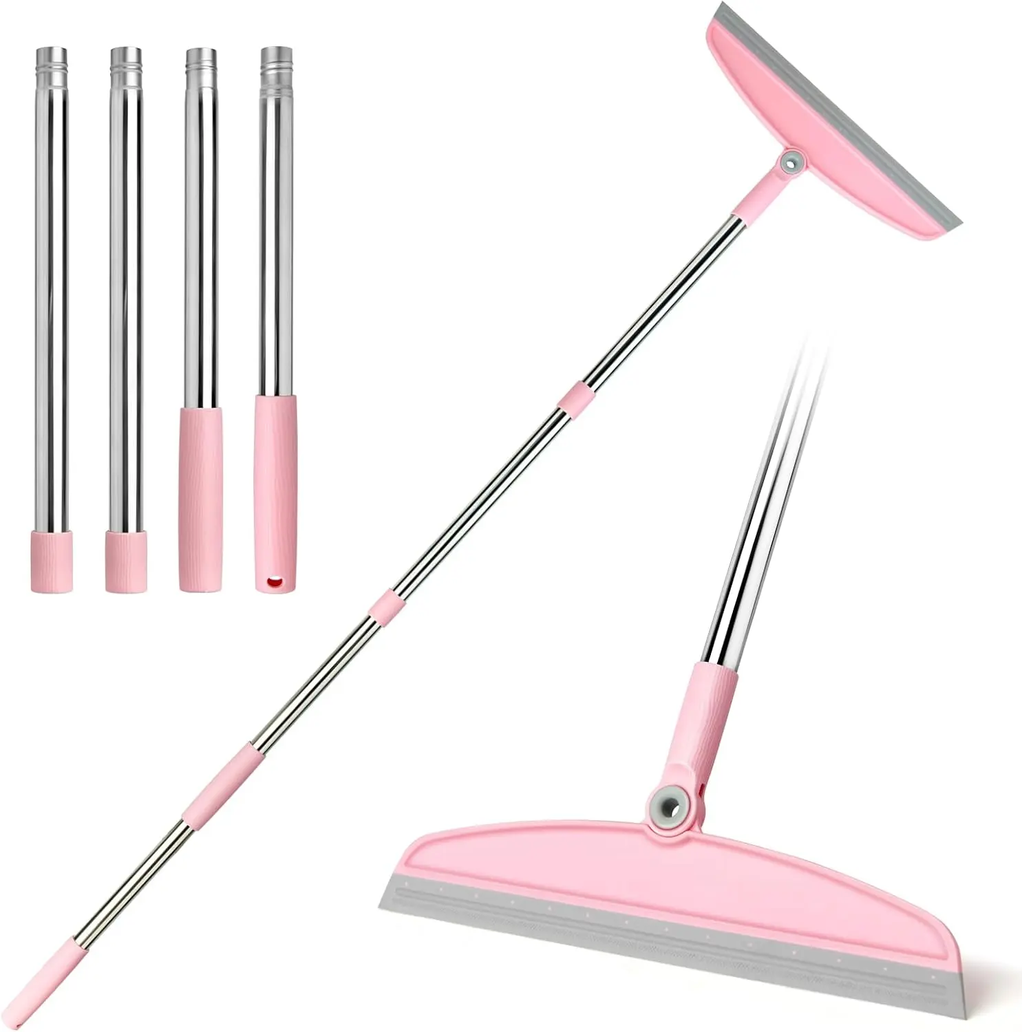 Multifunction Silicone Broom, 54 Inch Adjustable Long Handle Rubber Broom Sweeper for Floor Bathroom Kitchen Shower Pet Hair Glass(Gray Pink)