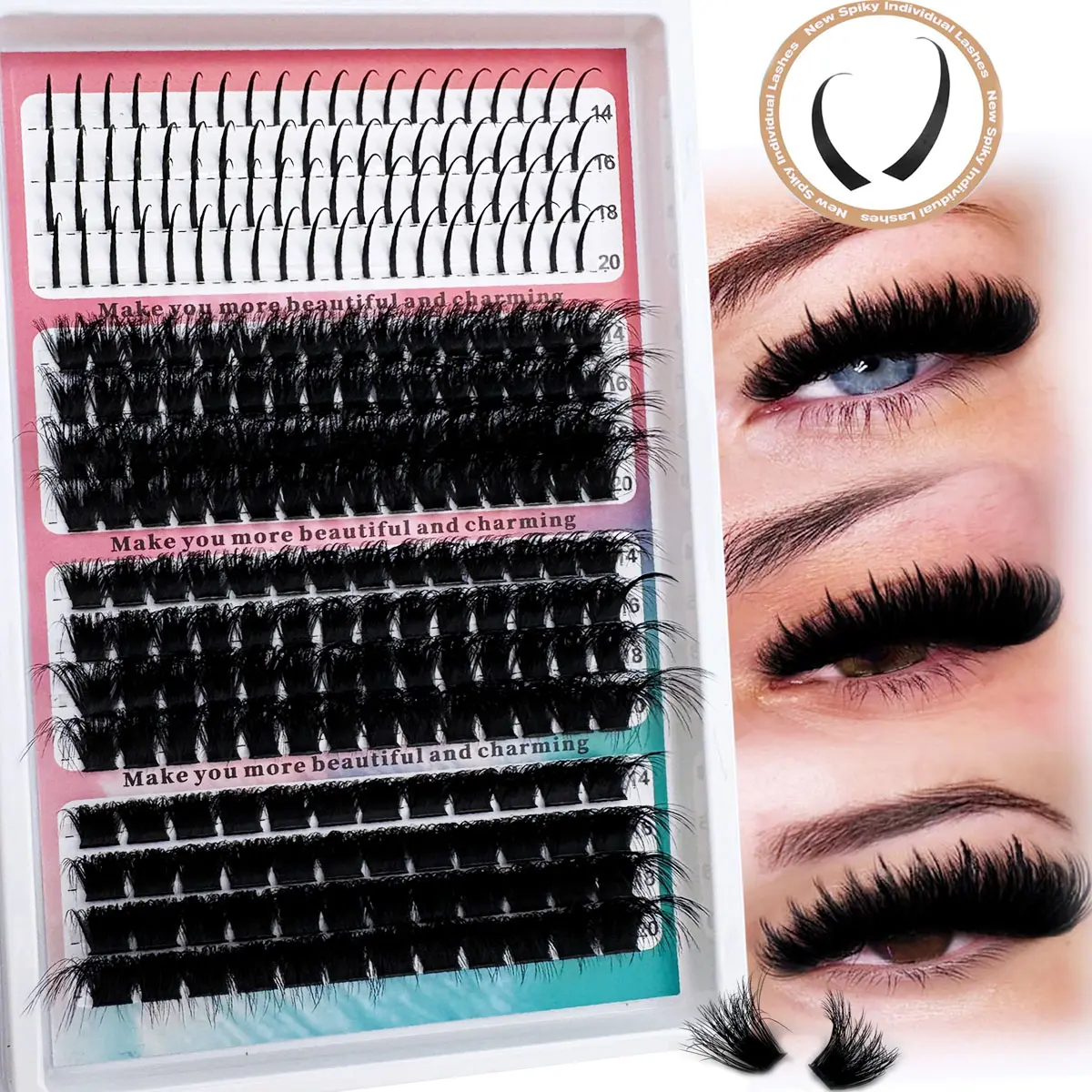 Spikes+120D+160D+200D/Spikes+60D+80D+100D/Spikes+40D+60D+80DDIY Cluster Eyelash Kit, Mixed Lengths 14-20mm, D/DD Curl, Natural Volume Style, Volume Individual Lash, Dramatic Lashes, 320pcs/312pcs/240pcs Set, Eyelash Extensions, DIY Eyelash Clusters