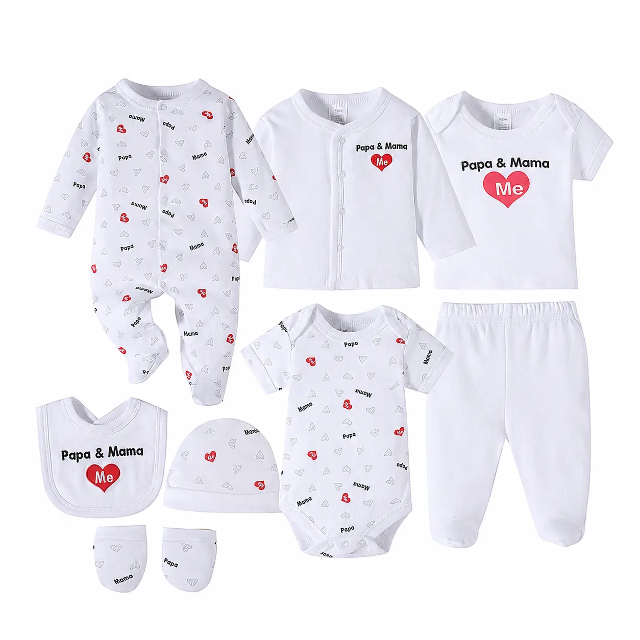 8 Pieces Newborn Cotton Layette Outfit Set, Sweet Papa & Mama Heart Graphic Print Infant Clothes, Soft Breathable Matching Suit With Romper Cardigan Bib Hat Mittens, Casual Daily Hospital Outfit, Ideal Baby Shower Gift for 0-9 Months Baby Boy Girl