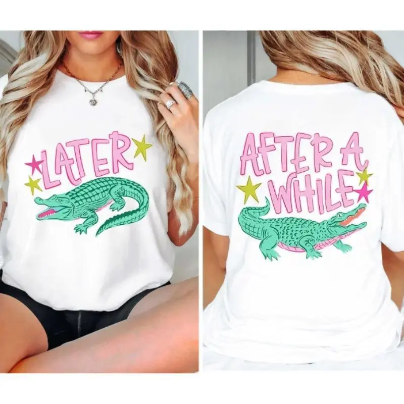 Preppy Streetwear T-shirt with Double-Sided Crocodile Graphic, Casual Oversized Round Neck Short Sleeve Top, Tshirt, Casual Wear, Breathable Fabric, Bright Colors, Shortsleeve, Black, Colorful Style, Crew Neck, Loose-Fitting, Machine Washable, Relaxed Cut