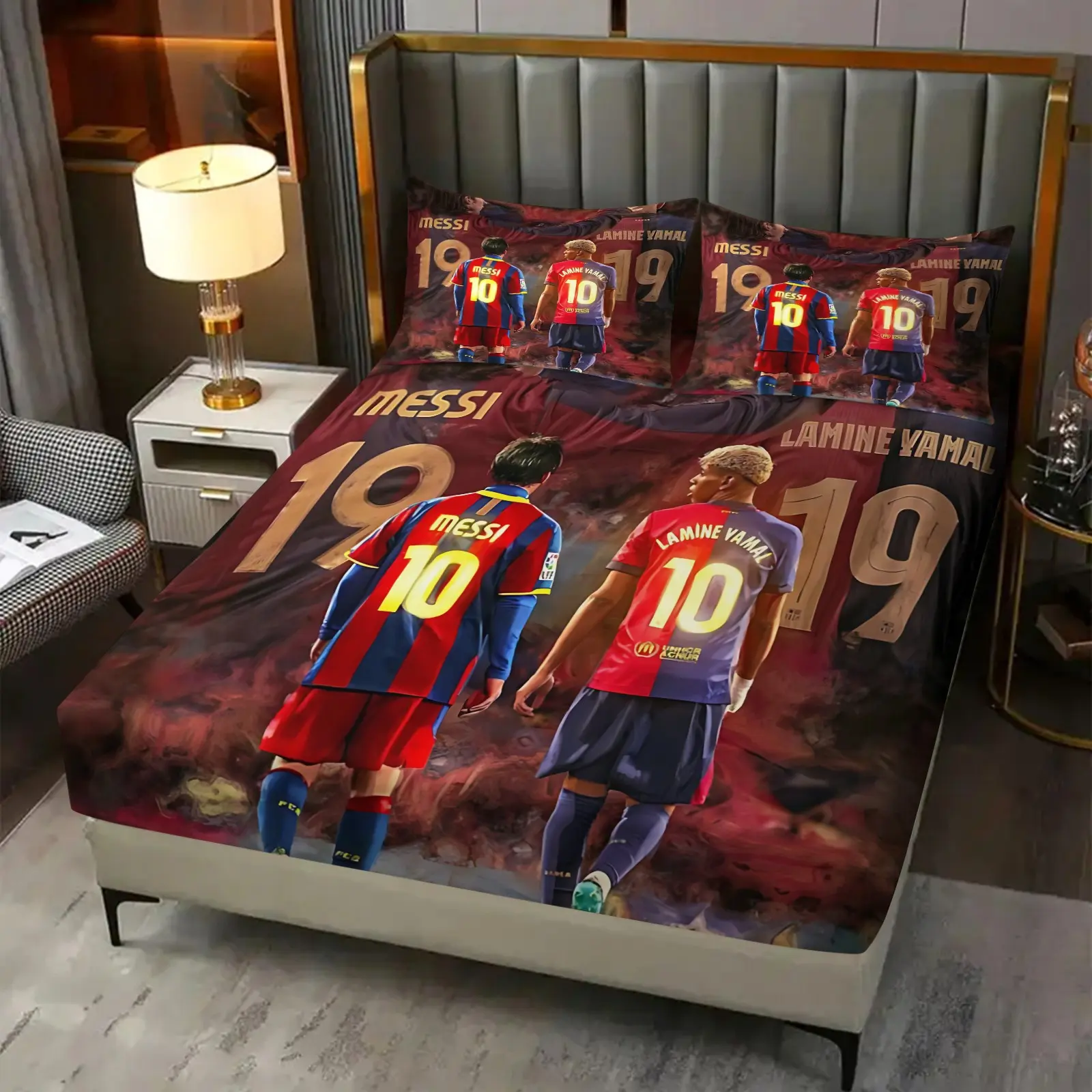 3pcs Football Playerprinted Fitted Sheet Set, Sports Themed Bedding Set, Breathable And Soft Ultra-Fine Fiber Bedding, 1 Bed Sheet And 2 Pillowcases, No Padding, Suitable For Bedroom Decoration, Fan Gift, Soft Bedding Sets