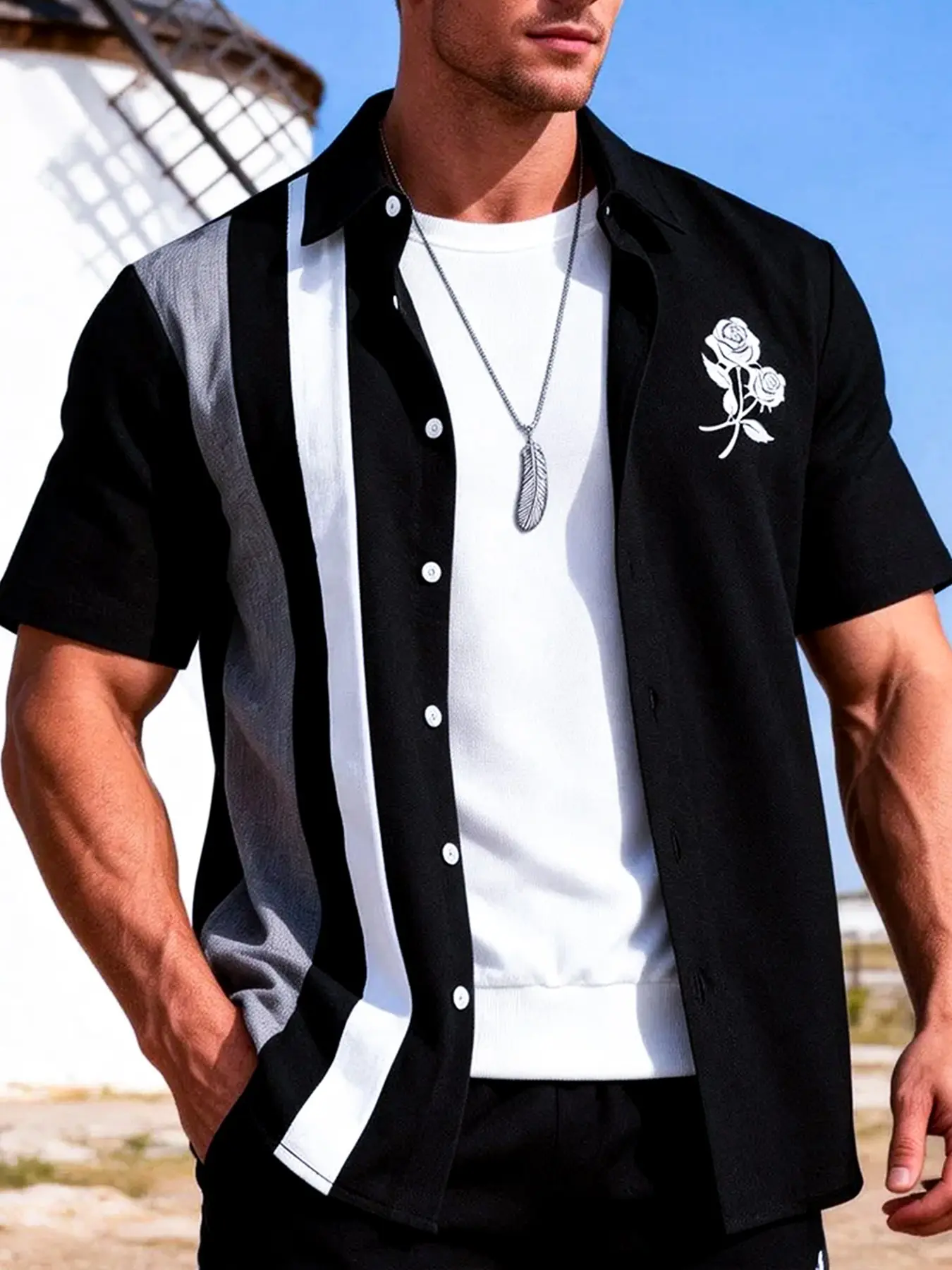 Men's Cozy Home Wear Shirt, Casual Button Front Design Shirt, Black Grey Color Block & Rose Print, Lightweight Skin-Friendly Fabric, Ideal for Indoor Relaxation, Home Office & Daily Rest, Top, Collared Shirts