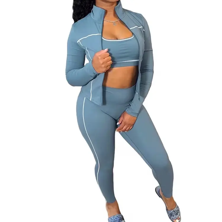 Tracksuit Three Piece Set - Stylish Blue Zip-Up Jacket, Crop Top, and High-Waisted Leggings for Women