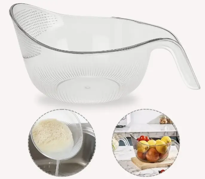 Transparent Kitchen Drain Basket with Handle – Plastic Strainer for Rice, Pasta, Fruits & Vegetables