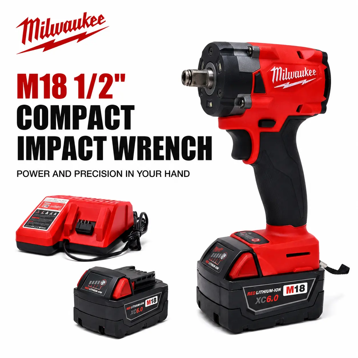 Milwaukee M18 18V 1/2" Brushless FIW212 Cordless High Torque Impact Wrench - 300N.m Heavy Duty Lithium Ion Tool, 1/2 Drive, Variable Speed Controller, Glass Breaker, Brake Bleeder Hose, for Construction Workers, Garage-Ready Tool (With Box)