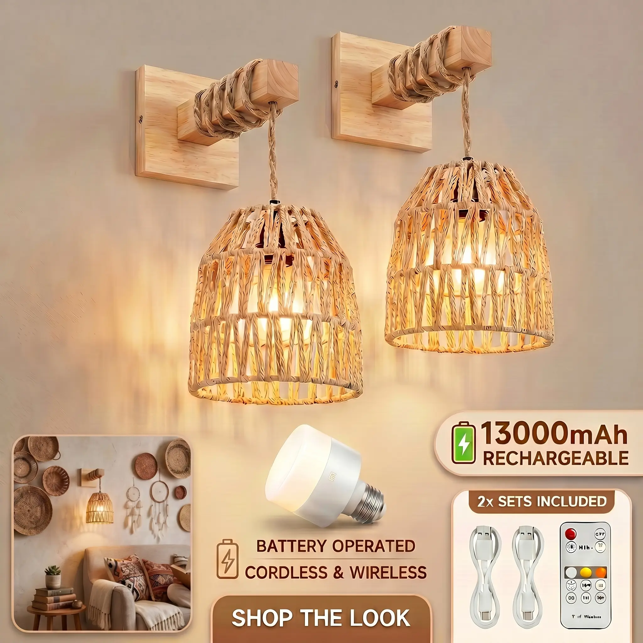 Rattan Wall Sconce, Battery Operated Wall Sconce, Wooden Swing Arm Wall Lamp, Rechargeable Wall Sconce, Woven Lantern Wall Light/Lamp Boho Wall Sconce Set of 2 for Bedroom Living Room