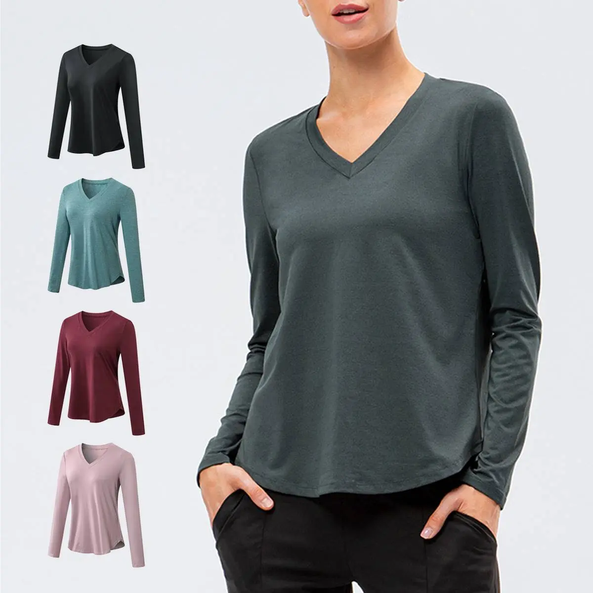 Women's Quick Dry V-Neck Yoga T-Shirt Lightweight Long Sleeve Blouse Breathable Solid Color Blouse for Training