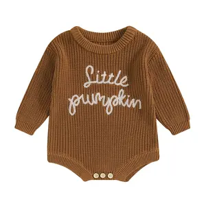 Newborn Baby Boy Girl Halloween Sweater Knit Long Sleeve Little Pumpkin Embroidery Oversized Sweater Romper Warm Fall Clothes