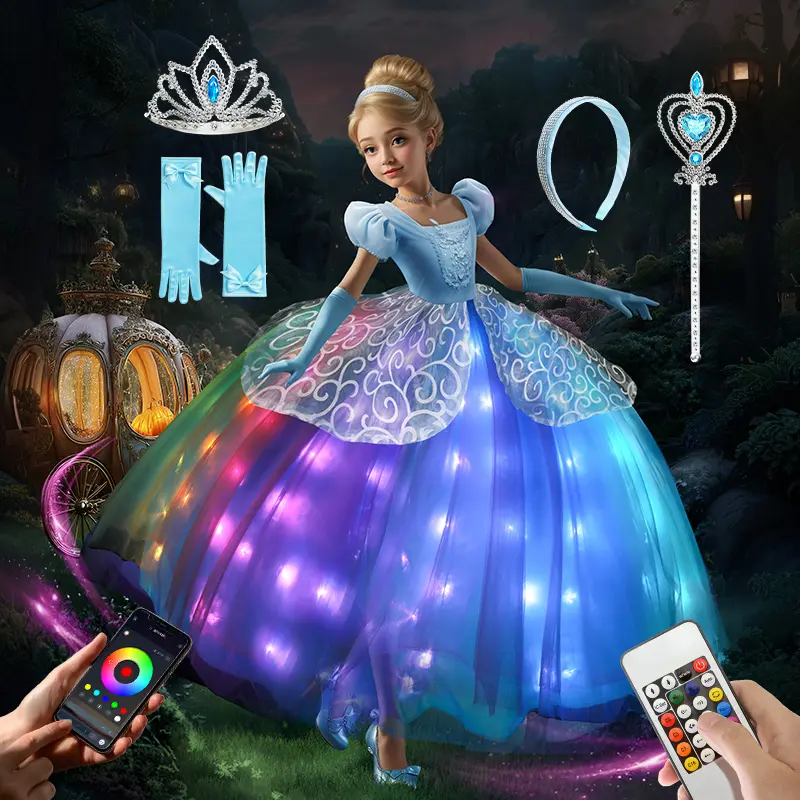 UPORPOR Girls' Light-Up Princess Costume Set - Blue Ball Gown with Accessories, 100+ LED Modes & Music Sync, Cartoon Design for 3-4 Years, 7-8y, 8-9y Halloween Parties, Cosplay & Costume Ideas, Led Lights, Girl Costumes