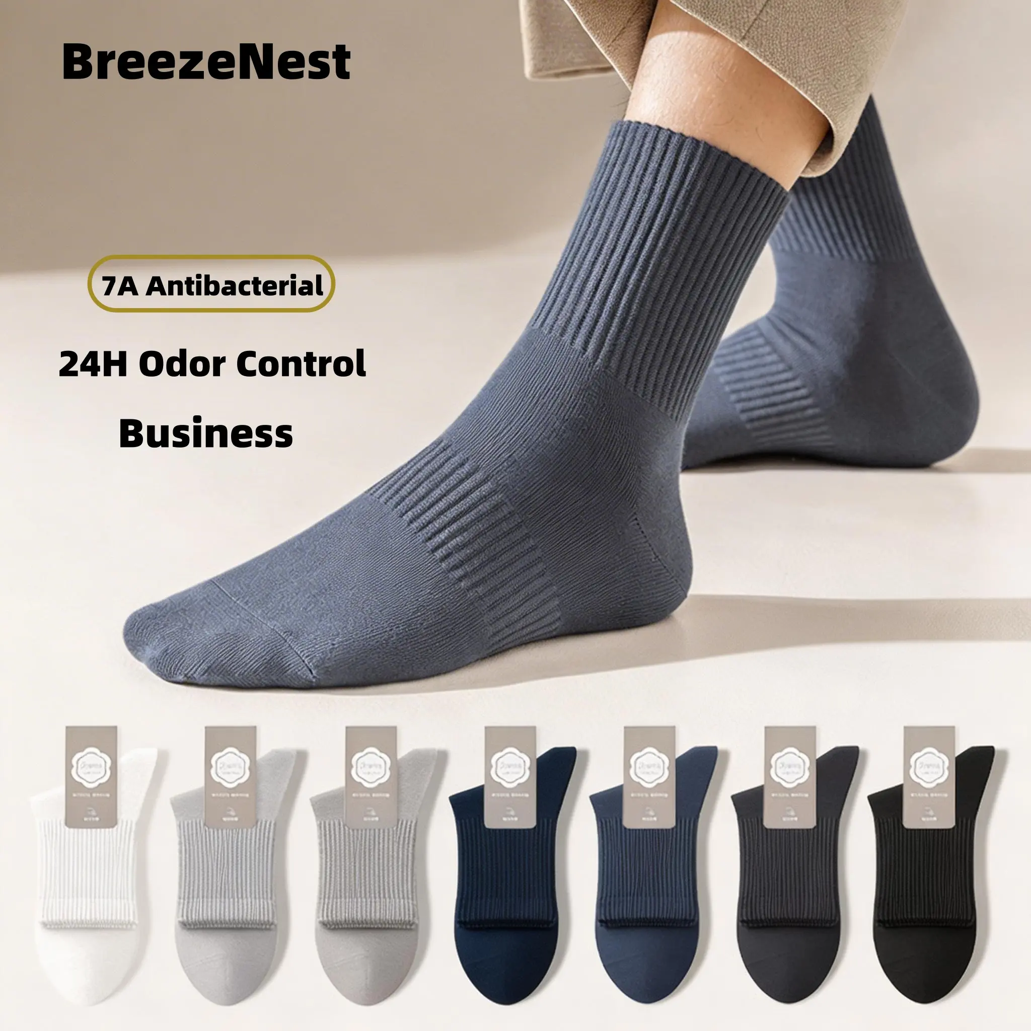 Men's pure cotton Solid Crew Socks, odor-resistant, thin mid-calf business socks, breathable and sweat-absorbent, Solid long socks for spring and summer.（8pairs）