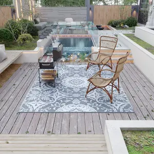 Outdoor Rug for Patio, 9' x 12' Waterproof Large Mat, Reversible Plastic Straw Rug for Decor, Portable Outside RV Camping Area Carpet Mat for Backyard Porch Deck Picnic, Gray & White Floral
