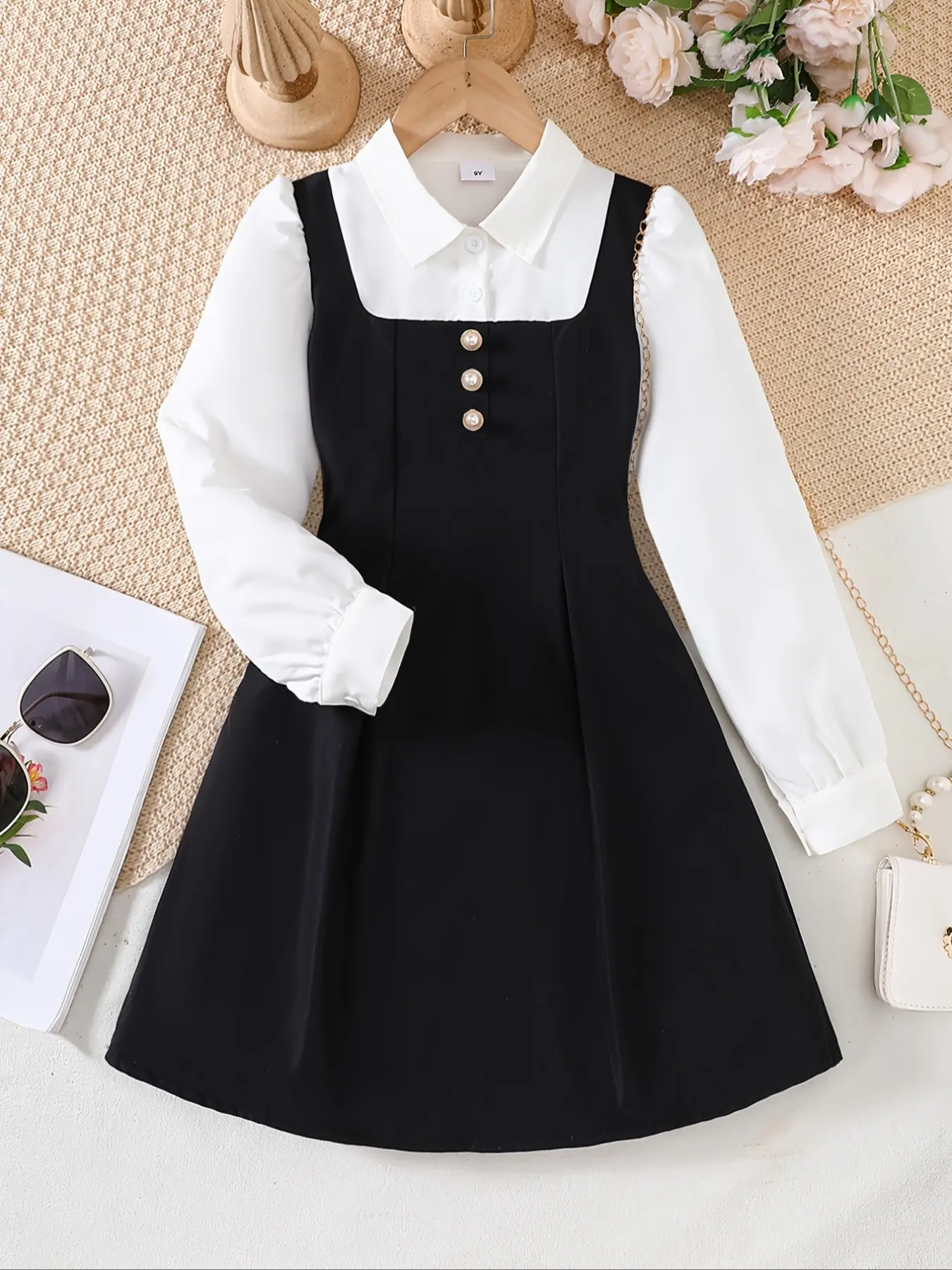 Elegant Girls' Dress Set, Collared Button Dress, Contrast Two-Piece Design, Pearl Buckle Suspenders, Long Sleeve Shirt Look, School Party, Buttoned Dress