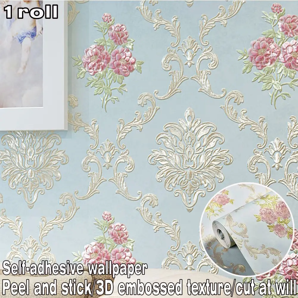 1 roll of European-style floral pattern self-adhesive wallpaper, Decorative wallpaper, featuring 3D embossed texture for feature walls, easy to apply and trim, suitable for wall decoration in bedrooms, living rooms and more