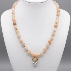 Golden Wisdom Necklace – Peach Stone Beads & Owl Pendant