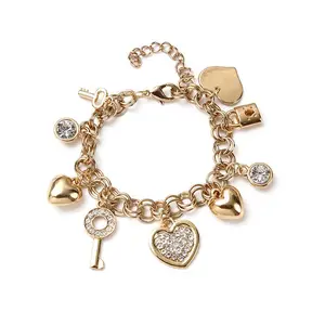 Gold Chain Link Bracelet 14K Gold Plated Love Locked Bracelets for Women, with Crystal, Love Heart,Key, Lock, Charm Bracelet