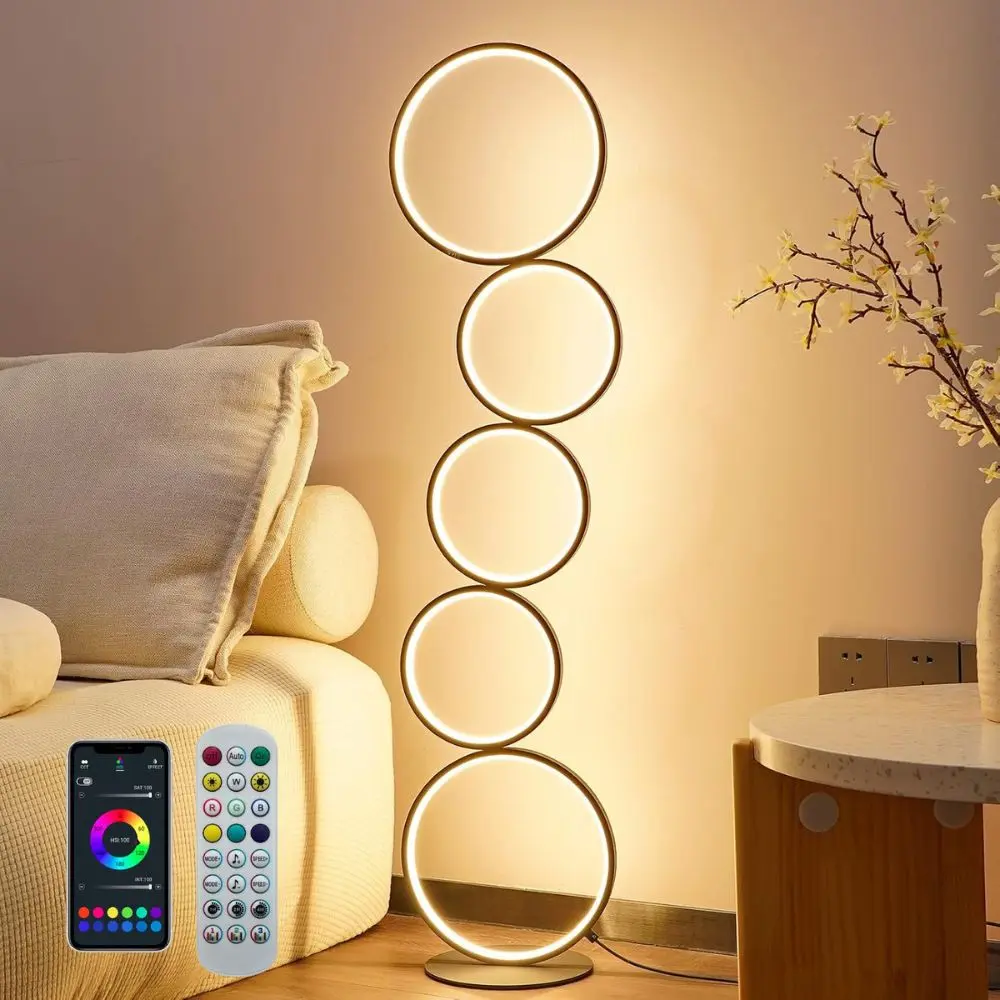 RGBCW Modern 5-Ring LED Standing Lamp - 43.3in Tall Silicon-Enhanced Home Lighting, 10.2in L x 8.3in W Sculptural Minimalist Geometric Light, Remote & App Control, Stepless Dimmable Customizable Lighting for Living Rooms, Reading, Gaming Setups