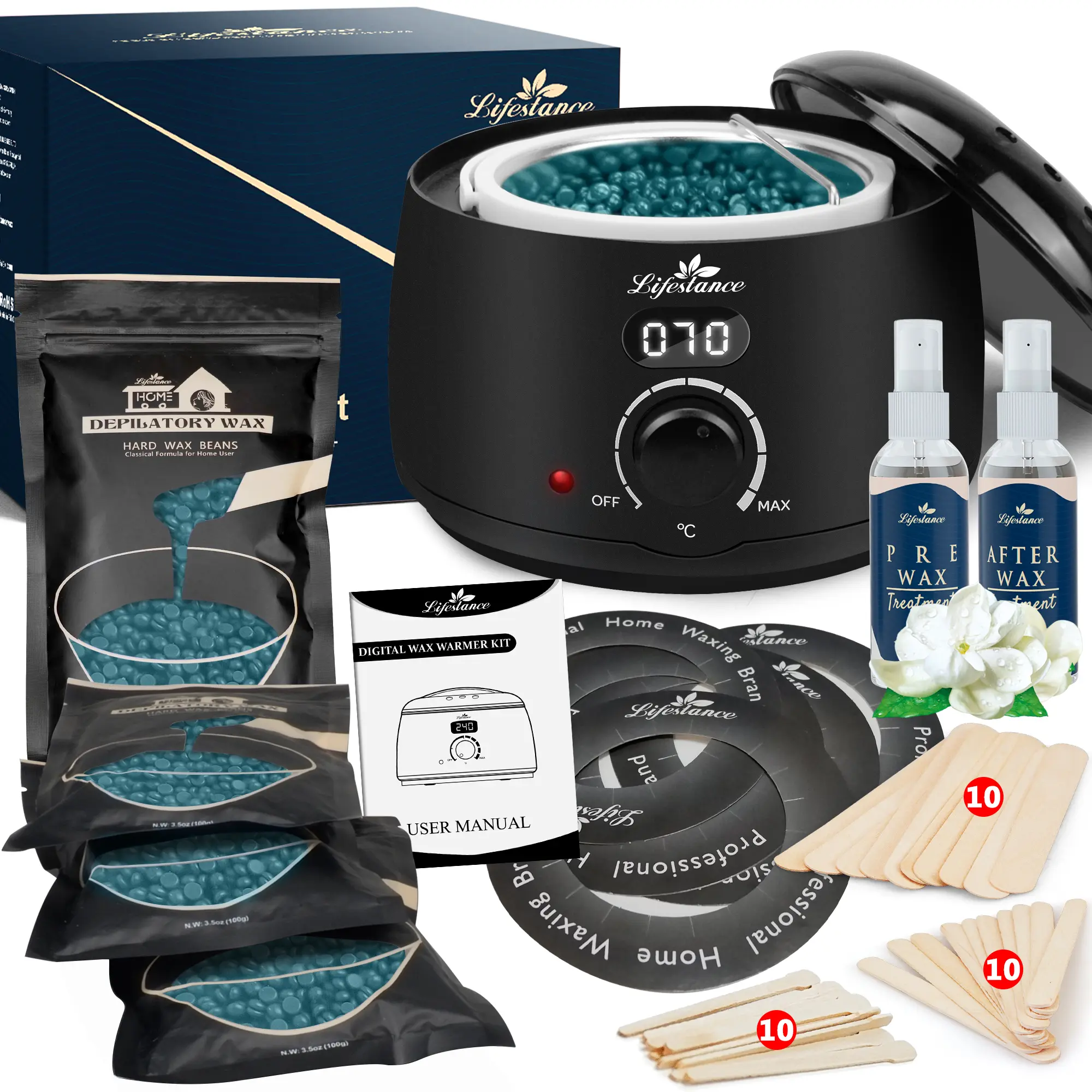 Lifestance Waxing Kit L2 Digital Wax Warmer Hair Removal Machine 4 Packs of Wax Beads(14.1 oz total) with 42 Items Wax Pots Professional for All Hair Types Eyebrow Facial Bikini