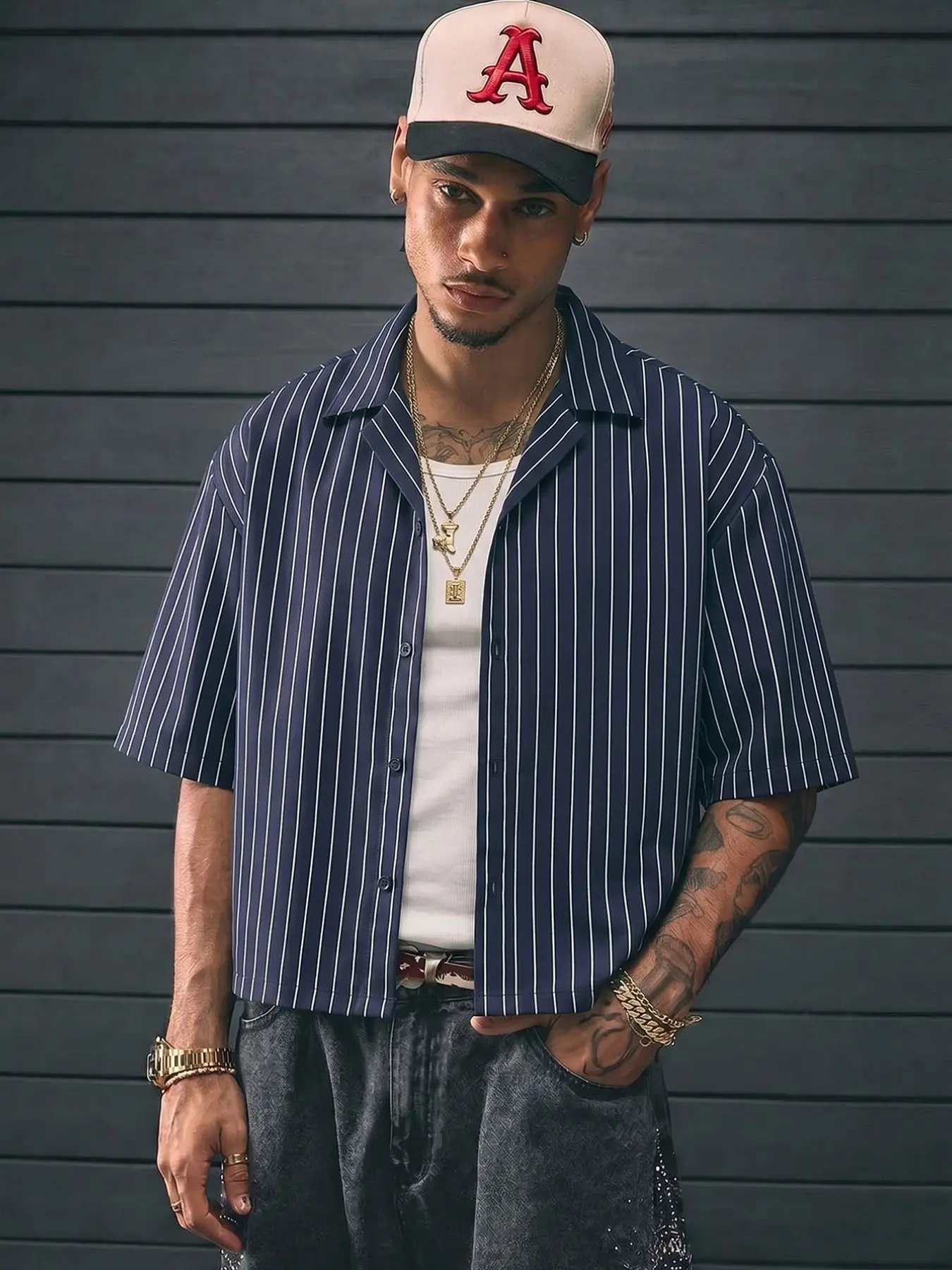 Men's Navy White Pinstripe Cuban Collar Short Sleeve Striped Shirt, Menswear, Y2K Retro Loose Fit Baggy Cropped Casual Top, Baseball Style for Daily, Commute #springsaledeals2026 #summeroutfits #tiktokshopmademebuyit #menfashion