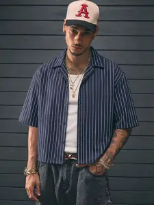Men's Navy White Pinstripe Cuban Collar Short Sleeve Shirt, Y2K Retro Loose Fit Cropped Casual Top, Baseball Style for Daily, Commute #springsaledeals2026 #summeroutfits #tiktokshopmademebuyit #menfashion