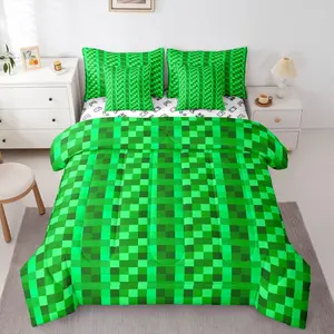 Miners Gamer Plaid Comforter Bed Set with Sheets,7 Piece Pixelated Gaming Checkered Bed Bag,Abstract Green Grids Bedding Set,Kids Boys Teen,Video Bed Set