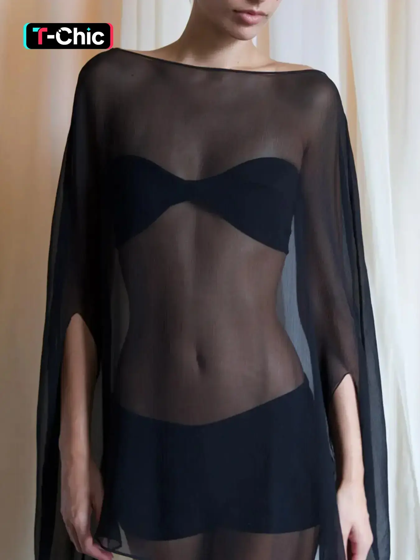 Women's Chiffon Solid Sheer Cut Out Long Sleeve Cape T-shirt Top, Boho Casual Top, Blouses Shirts Tops, See Through Boat Neck Loose Fit Long Blouse, Party Vacation Daily Casual, Ladies All Seasons Sun-protective Shirt