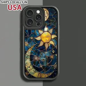 Vintage Phone Case Moon and Sun Pattern Case for IPhone 16 15 14 Pro Max 13 12 11 XR XS Plus Shockproof Non Slip Military-Grade Protection Silicone Cover