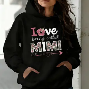 Women's MIMI Floral Hoodie - Pink & Green Lettering, "I Love Being Called MIMI" Slogan, Cozy Pullover, Hooded with Sleeve Pocket, Fall/Winter Casual Top, Gift Idea