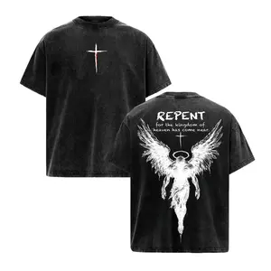 Repent Vintage Washed Oversized Christian T-Shirt, Angel Wings Faith Graphic Tee, “Kingdom of Heaven Has Come Near” Gospel Streetwear Top, Heavy Cotton Unisex Retro Worship Shirt