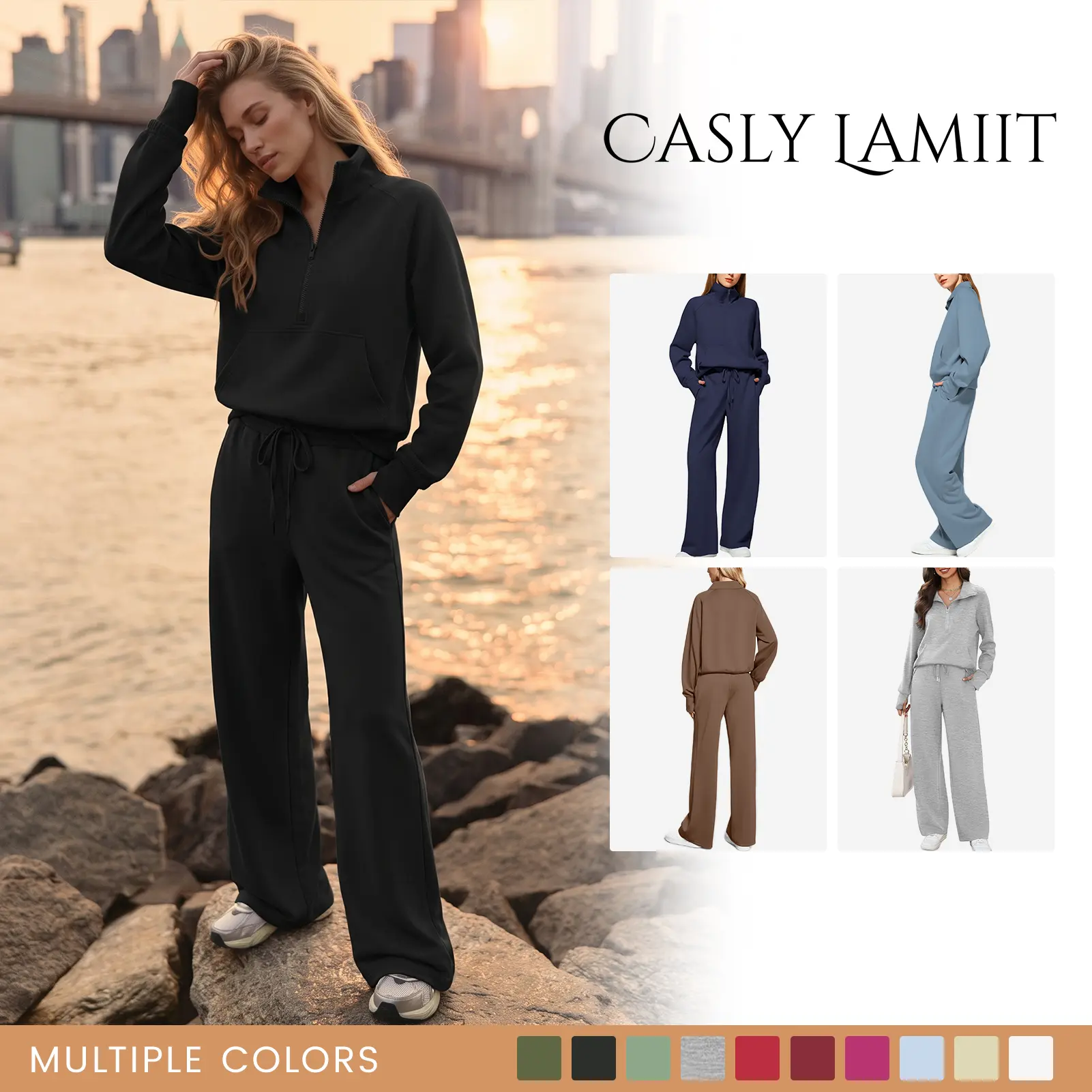 Casly Lamiit Women's 2 Piece Matching Sets, Oversized Ribbed Loungewear Outfit, Half-Zip Pullover with Thumbholes and High Waist Wide Leg Sweatpants, 2 Piece Sets, Sweatshirt, Women's Matching Sets,travel essentials,camping essentials