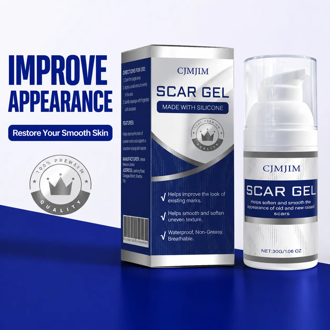 CJMJIM Advanced Silicone Scar Cream Gel 30g – Advanced Silicone Scar Treatment, Lightweight, Quick-Drying & Alcohol-Free Formula – Helps Reduce the Appearance of Surgical, C-Section, Burn & Acne Scars, Smooth & Soften Skin for Daily Scar Care