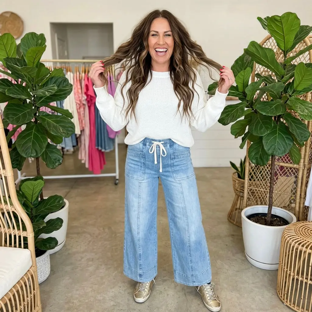 Drawstring Waist Wide Leg Ankle Length Jeans