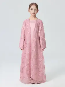 Middle Eastern Muslim Girl Set 2-Piece Satin Dress and Flower Beaded Cardigan Abaya, Casual Loose-Fitting, All Seasons, Floral Embellished Abaya