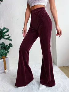 A pair of high-waisted, solid-colored corduroy flared pants for women, which are slimming, casual and versatile, Casual Fashion Pants, Casual Fitted Pants
