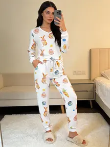 2026 New Women's Easter Spring Long Sleeve Pajama Set, Bunny and Egg Print Cozy Loungewear for Home Use, Casual Fitted Sleepwear Pjs