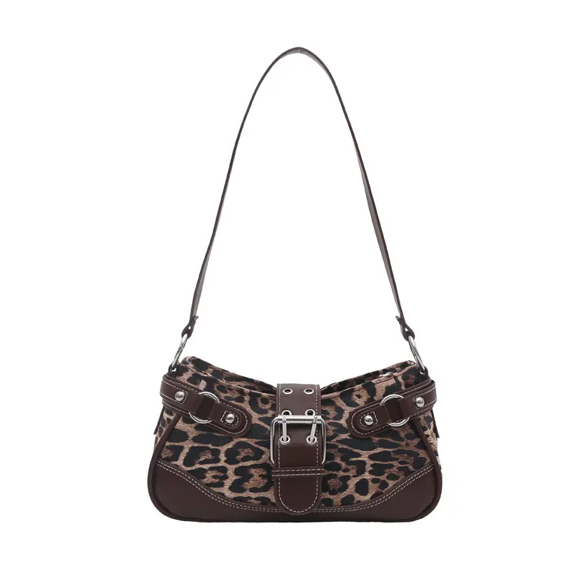 Y2K Aesthetic Leopard Print Shoulder Bag for Women, Retro Faux Leather Baguette Bag with Buckle Detail, Leopard Handbag Leather Shoulder Bag, Everyday Purse, Handbags For Women