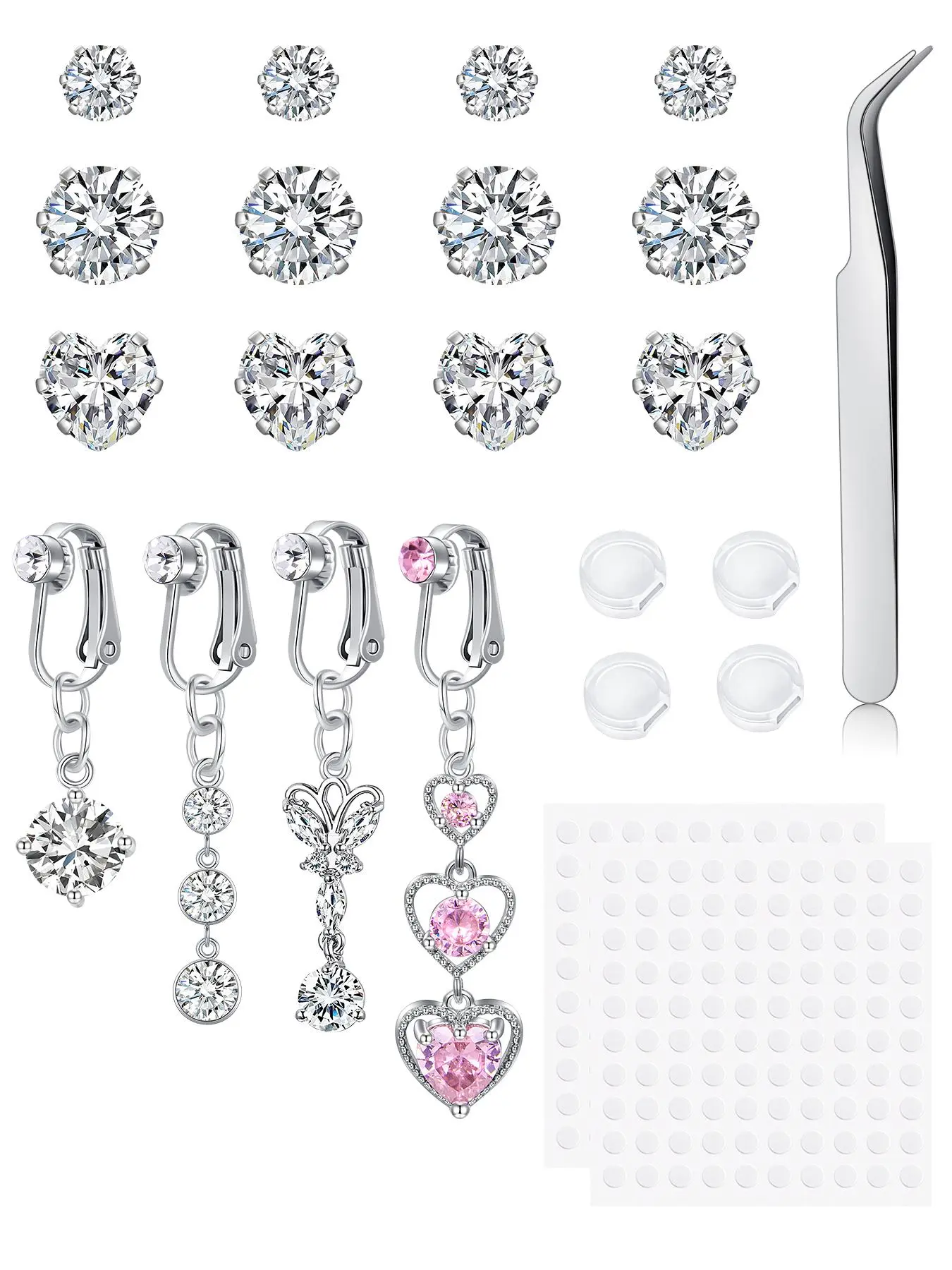 Fake Belly Piercing Cubic Zircon Butterfly Clip on Belly Button Rings, Non Piercing Stick on Navel Ring Jewelry, Body Jewelry, Silver Pink Color Sticky Heart Accessory, Body Jewellery