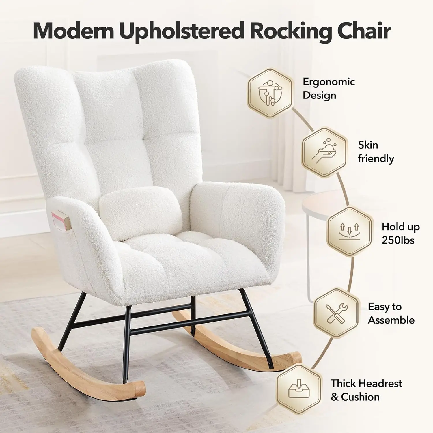 300lb Capacity Nursery Glider Rocker,Teddy Upholstered with Wood Legs for Living Room,Bedroom Nursery Includes Side Pockets