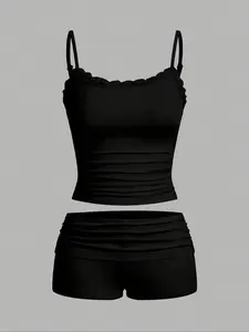 Women's Solid Contrast Lace Crop Cami Top & Ruched Skinny Shorts Two-piece Set, Womenswear, Casual Sleeveless Spaghetti Strap Top & Shorts for Summer, Ladies Clothes for Daily Wear, Basic